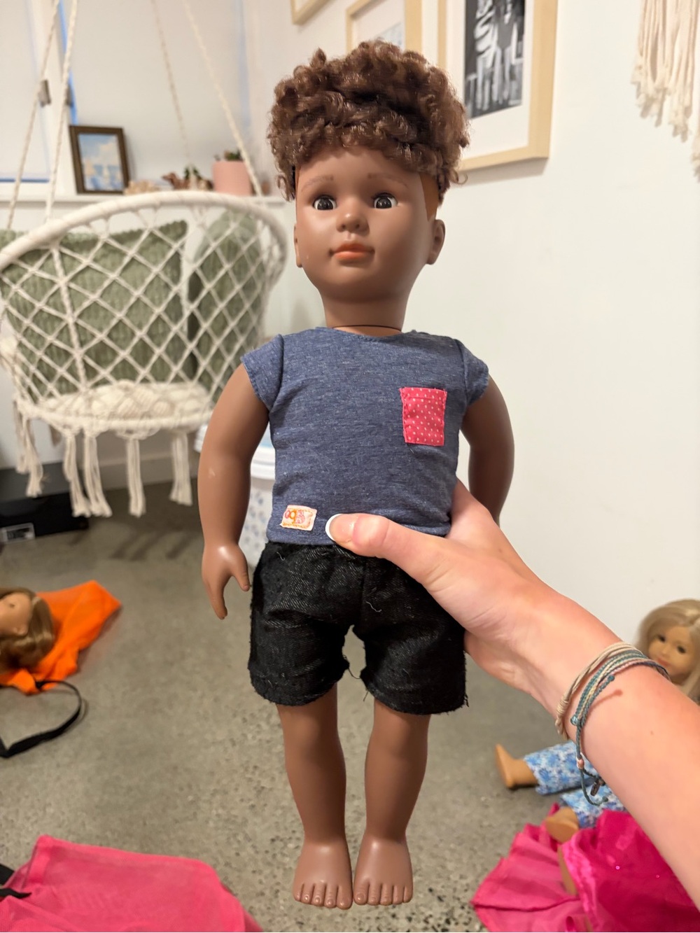 Children’s Play Doll with Blue Top and Black Shorts